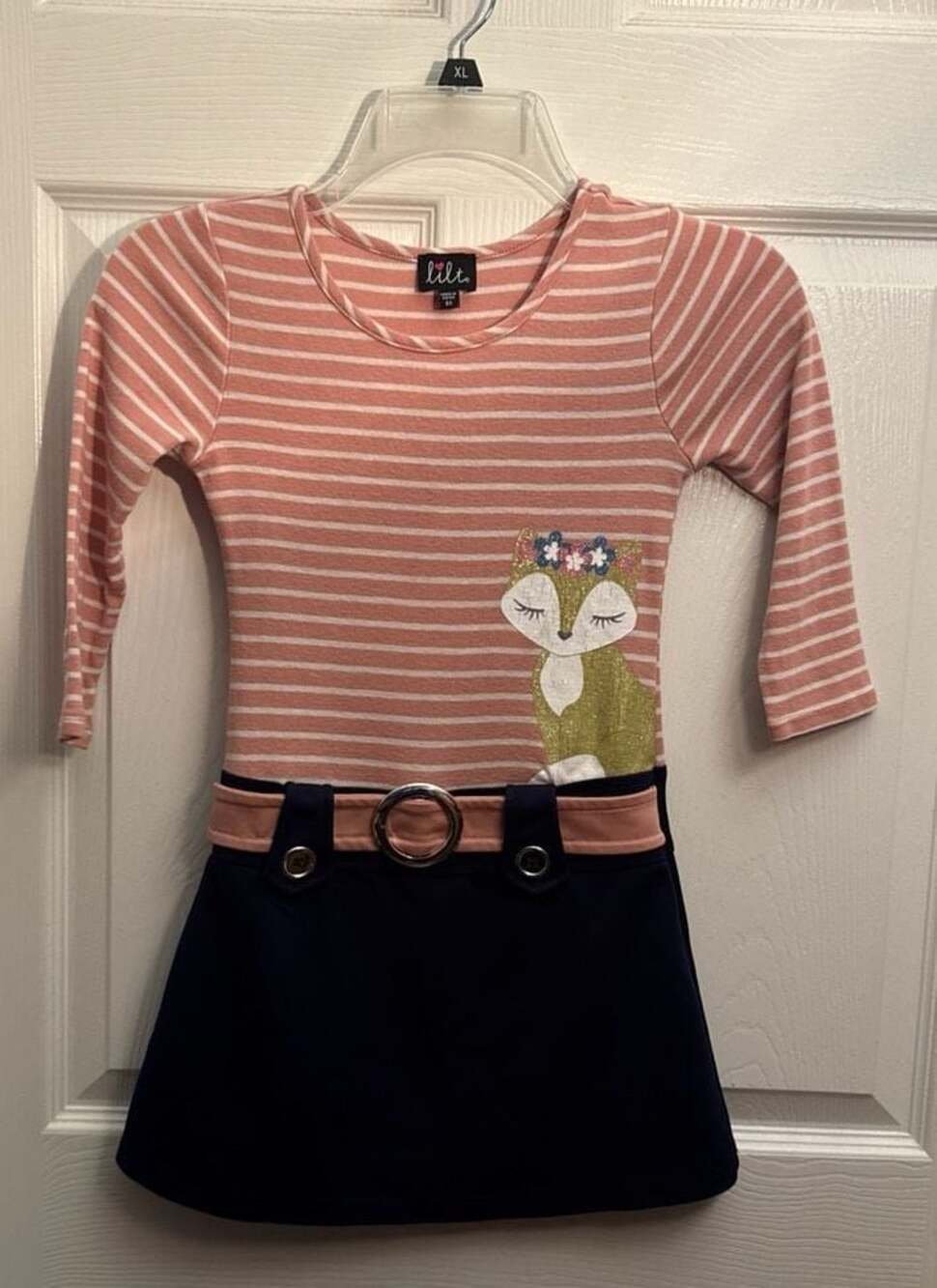 Lilt Girls Striped Fox Graphic, w/faux Belt Dress Size 6X
